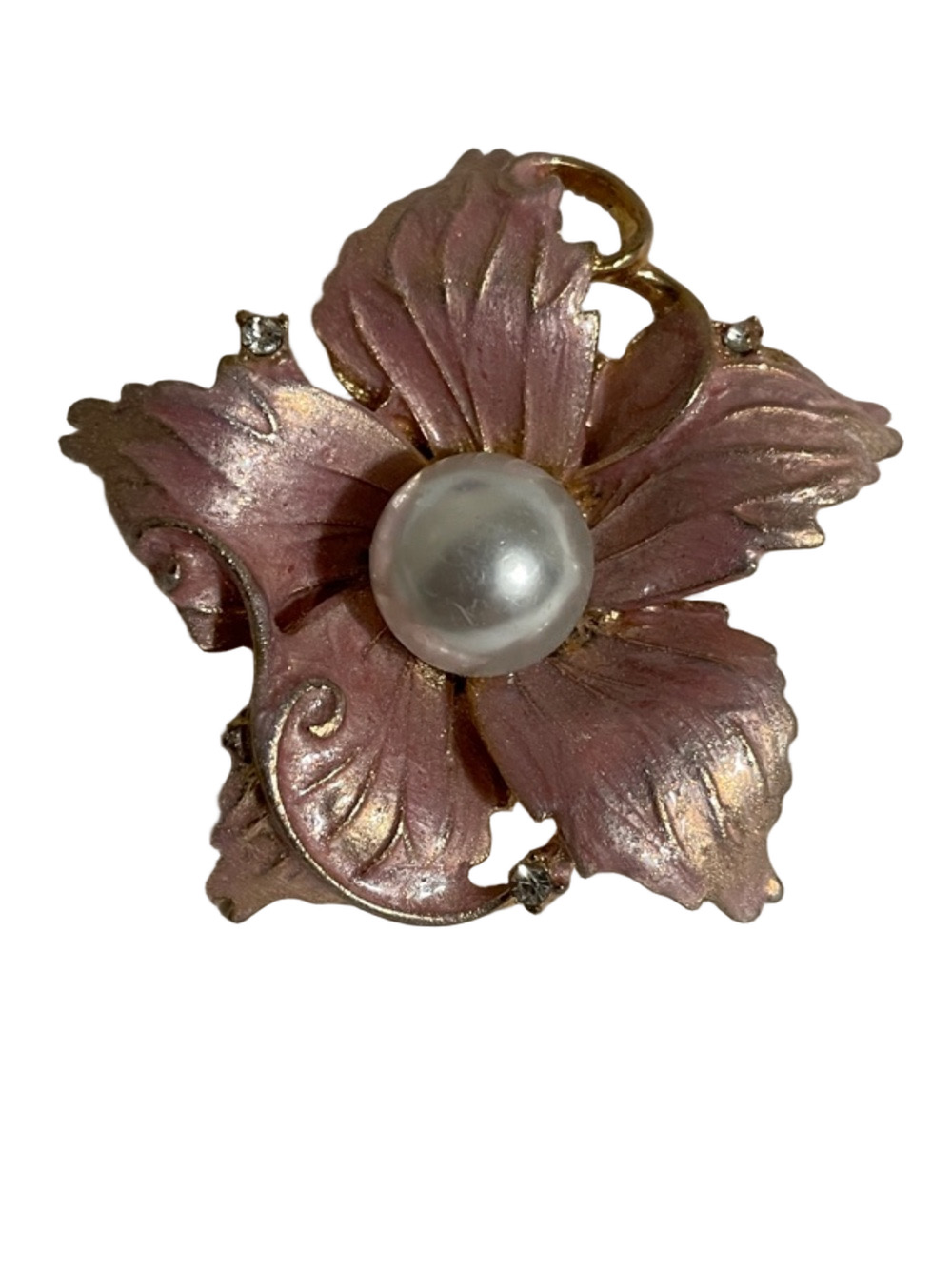 Pink Pearl-Center Floral Brooch with Gold Tone Accents